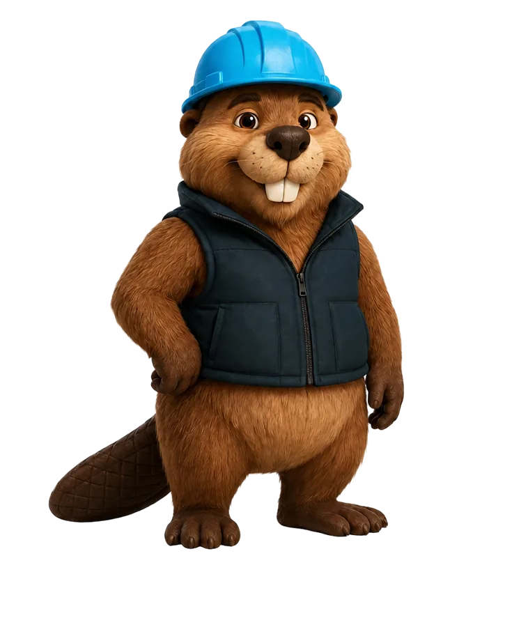 Toki, castor com capacete azul e colete, mascote do DEV Lançamentos